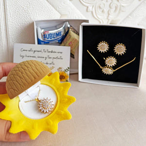 Box Premium Girasol: Set 4 en 1 Collar + Aretes  + Pulsera + Anillo Girasol Giratorio + Sorpresa